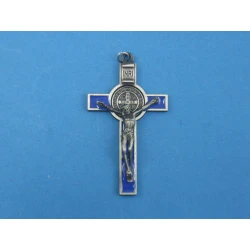 Krzyż metalowy z medalem Św.Benedykta 7 cm.Niebieski